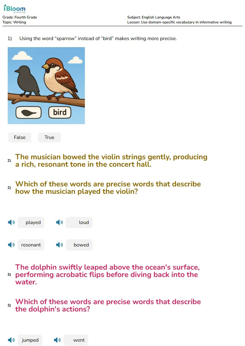 Free Use domain-specific vocabulary in informative writing Worksheets for Fourth Grade | iBloom