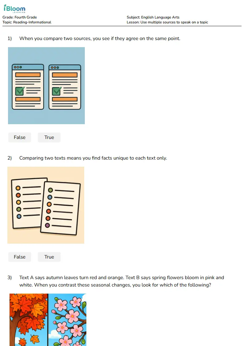 Free Use multiple sources to speak on a topic Worksheets for Fourth Grade | iBloom