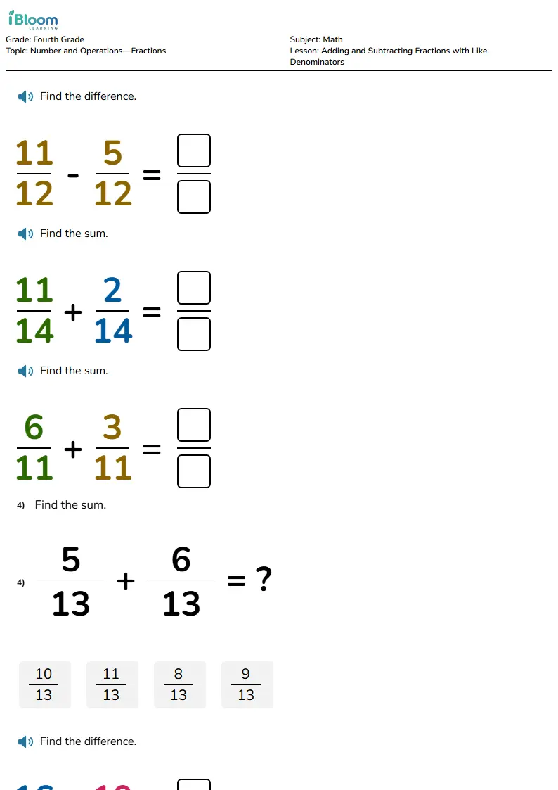 Free Adding and Subtracting Fractions with Like Denominators Worksheets for Grade 4