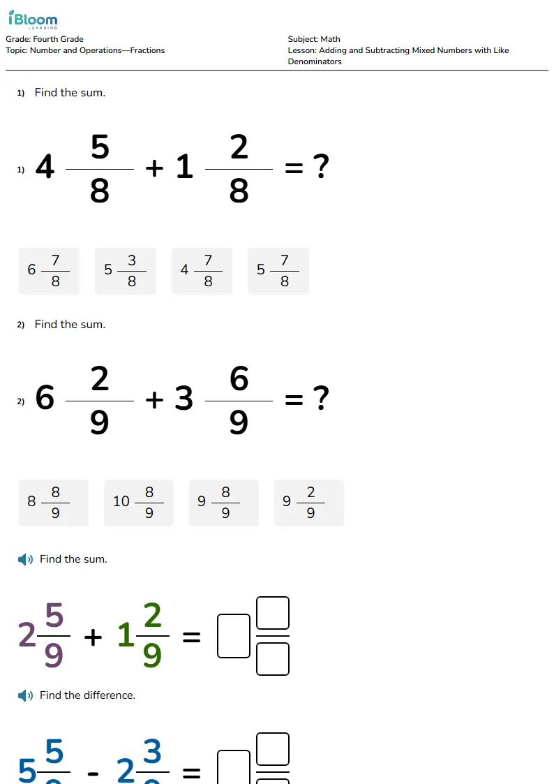 Free Adding and Subtracting Mixed Numbers with Like Denominators Worksheets for Grade 4