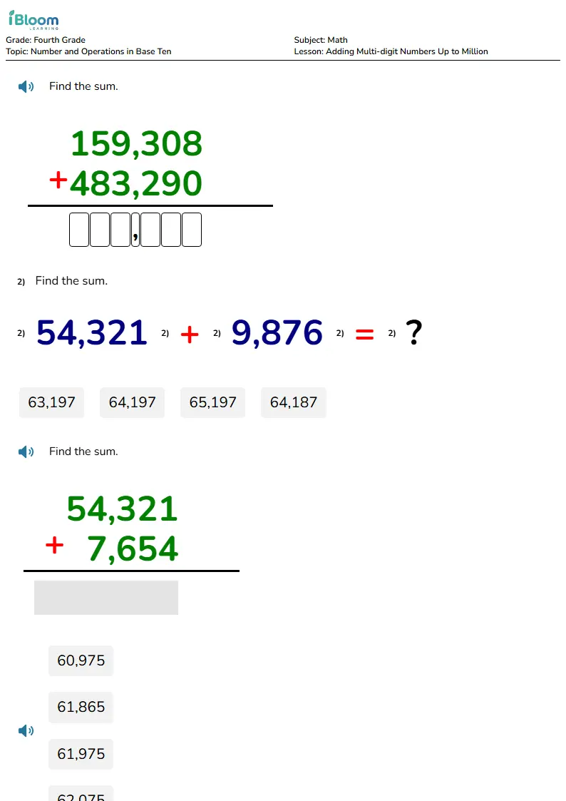 Free Adding Multi-digit Numbers Up to Million Worksheets for Grade 4