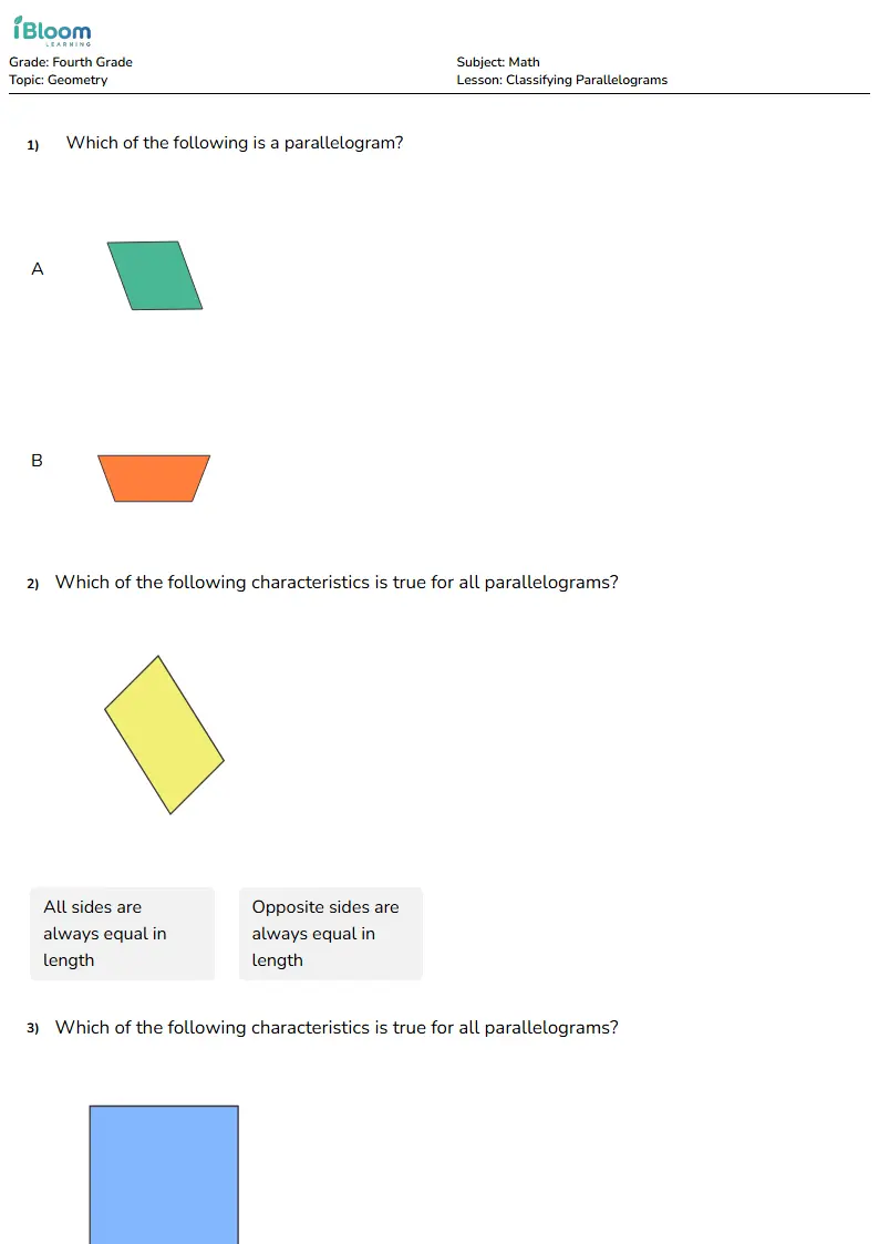 Free Classifying Parallelograms Worksheets for Grade 4