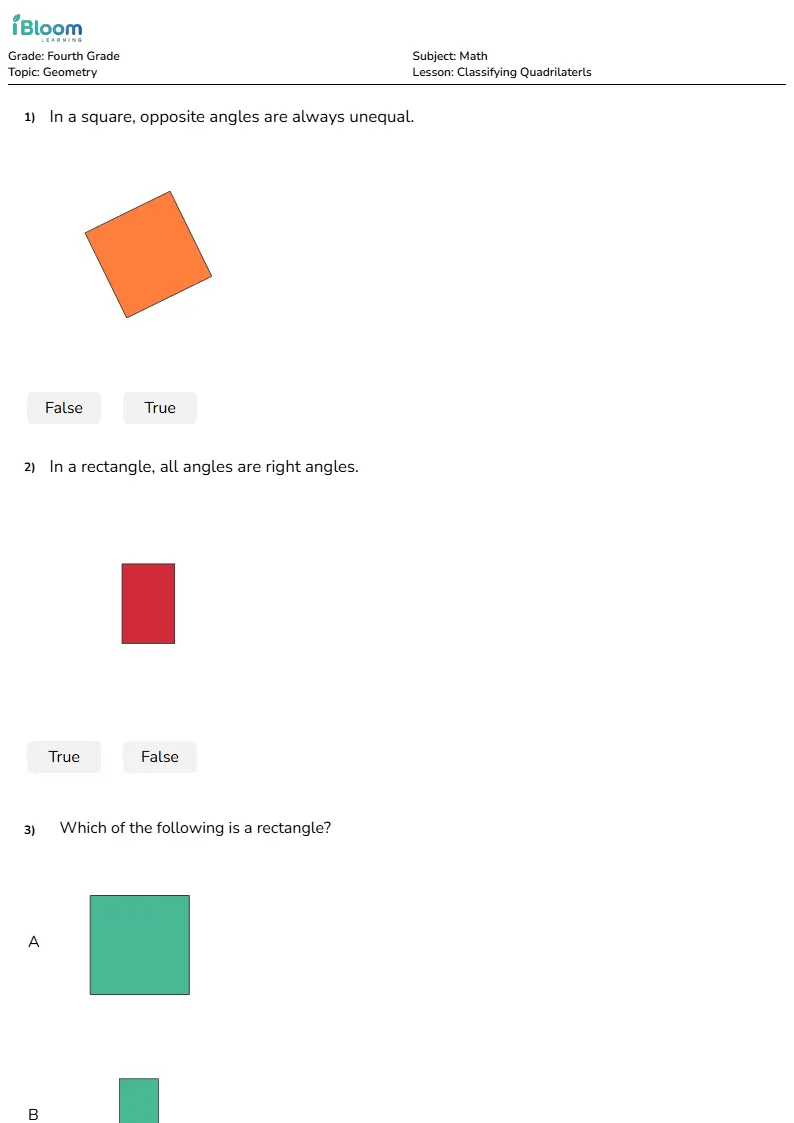 Free Classifying Quadrilaterls  Worksheets for Grade 4