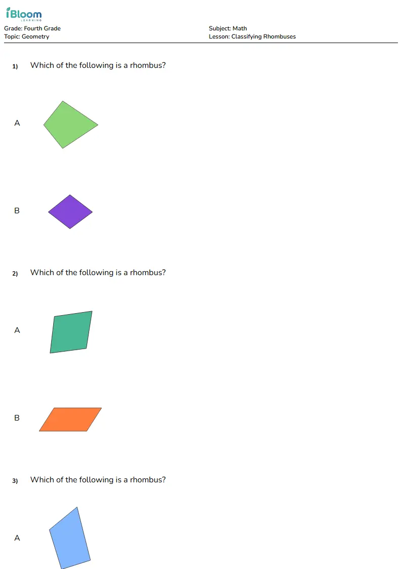 Free Classifying Rhombuses Worksheets for Grade 4