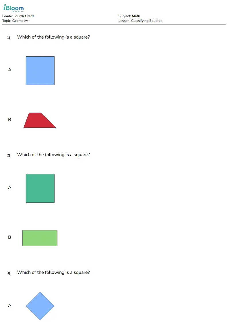Free Classifying Squares Worksheets for Grade 4