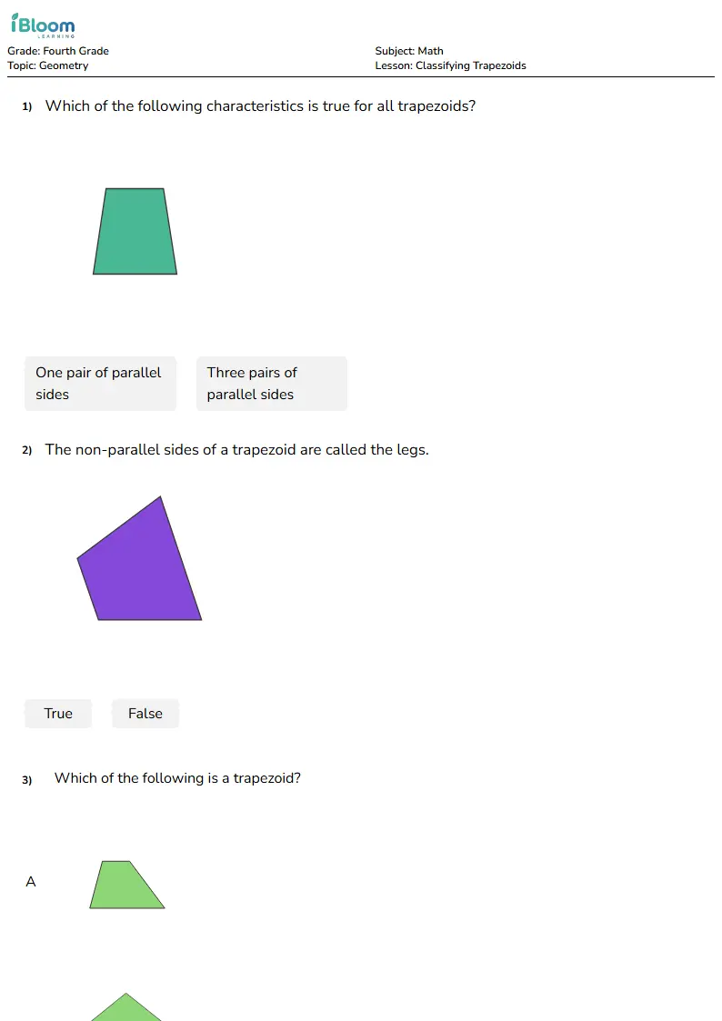Free Classifying Trapezoids Worksheets for Grade 4
