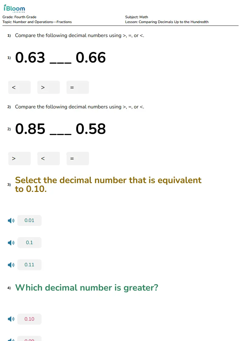 Free Comparing Decimals Up to the Hundredth Worksheets for Grade 4