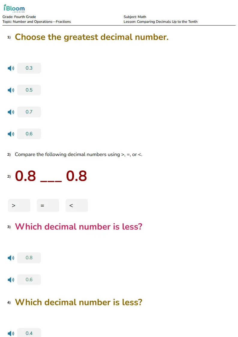 Free Comparing Decimals Up to the Tenth Worksheets for Grade 4
