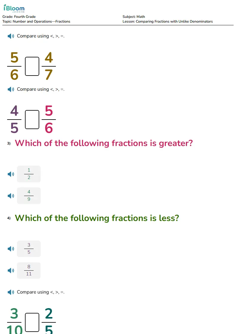 Free Comparing Fractions with Unlike Denominators Worksheets for Grade 4