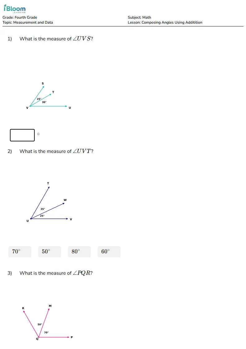 Free Composing Angles Using Additition Worksheets for Grade 4