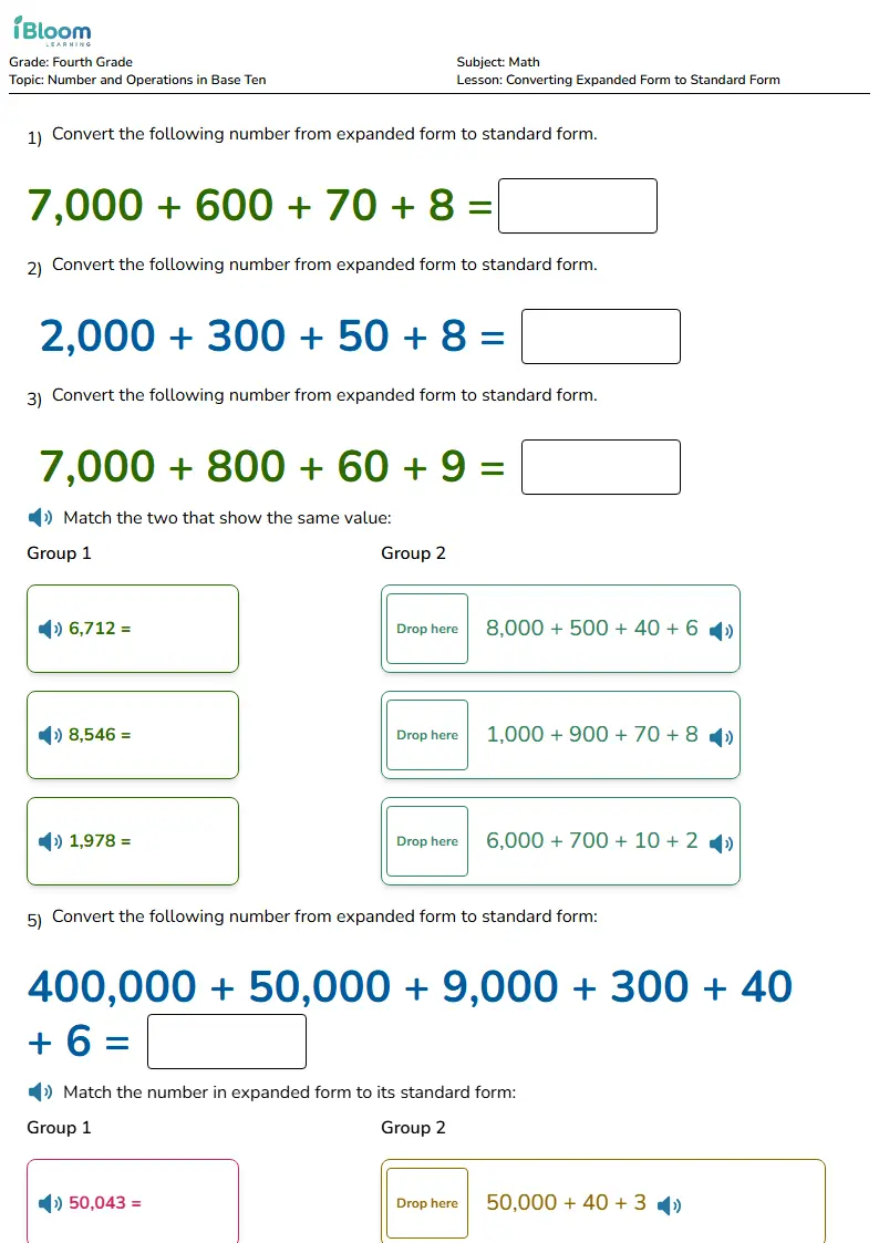 Free Converting Expanded Form to Standard Form Worksheets for Grade 4