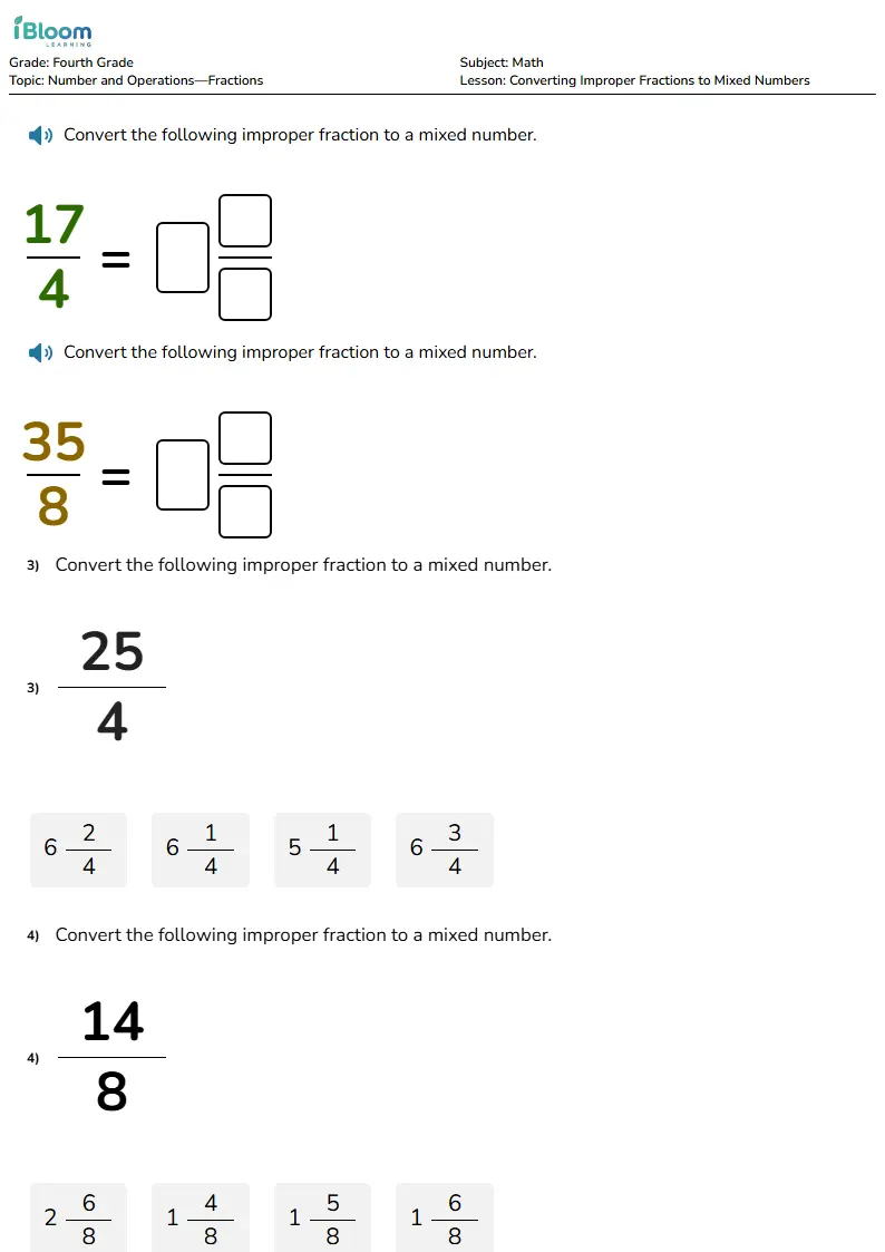 Free Converting Improper Fractions to Mixed Numbers Worksheets for Grade 4