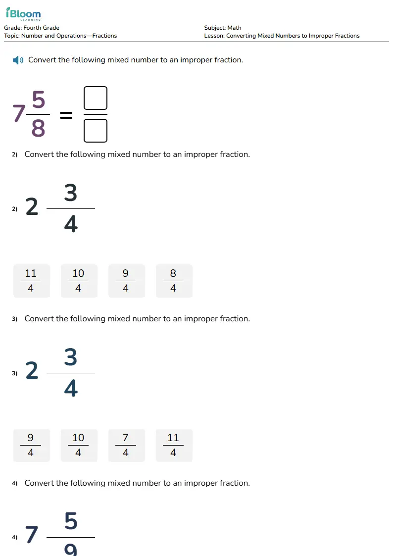 Free Converting Mixed Numbers to Improper Fractions Worksheets for Grade 4