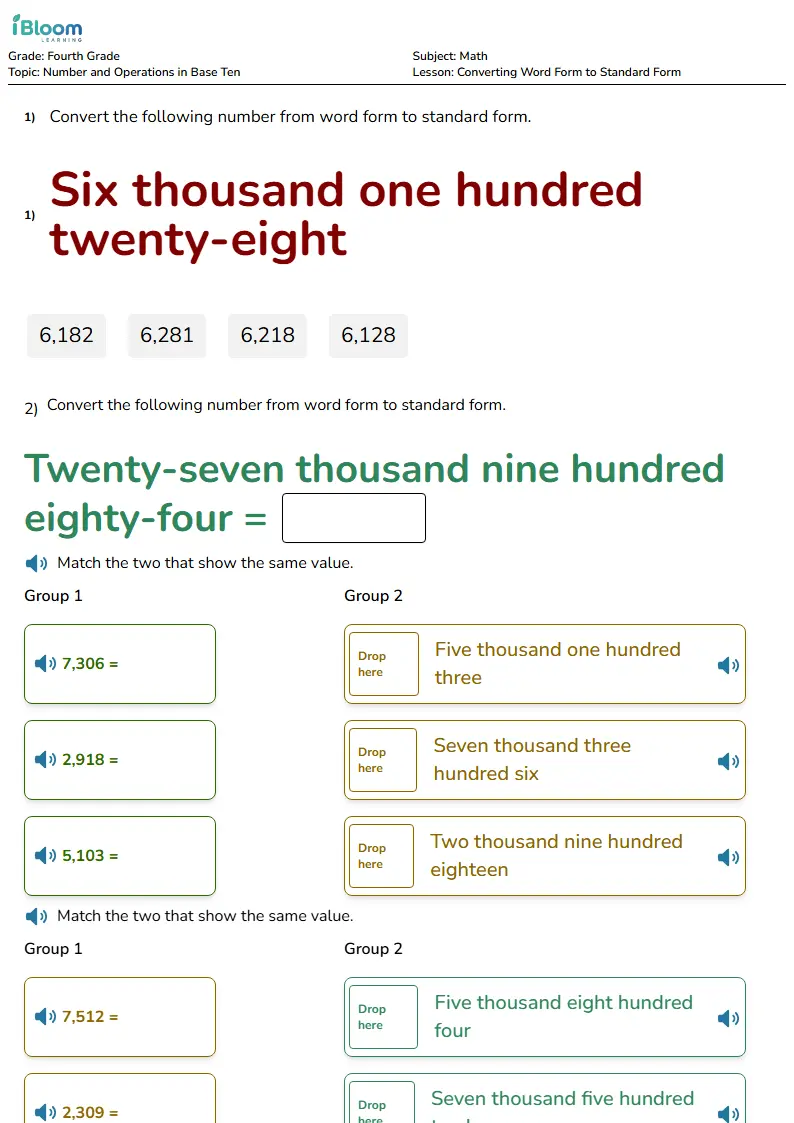 Free Converting Word Form to Standard Form Worksheets for Grade 4