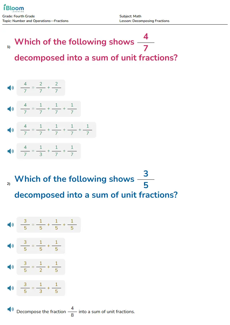 Free Decomposing Fractions Worksheets for Fourth Grade | iBloom