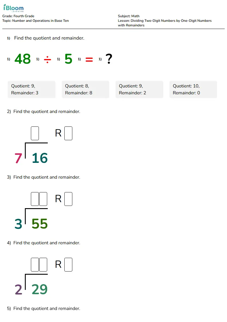 Free Dividing Two-Digit Numbers by One-Digit Numbers with Remainders Worksheets for Fourth Grade | iBloom