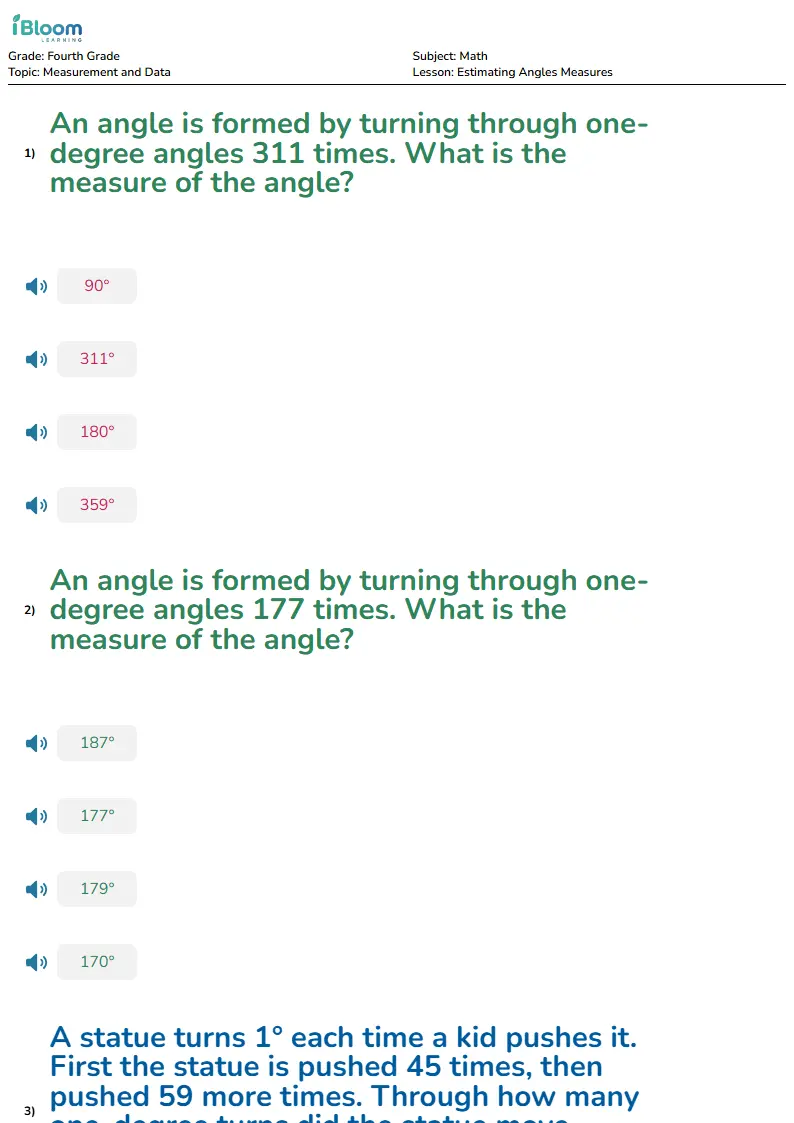 Free Estimating Angles Measures Worksheets for Fourth Grade | iBloom