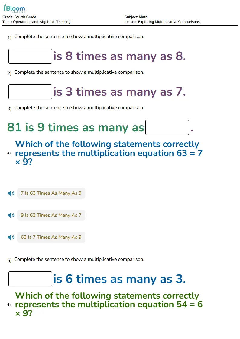 Free Exploring Multiplicative Comparisons Worksheets for Fourth Grade | iBloom