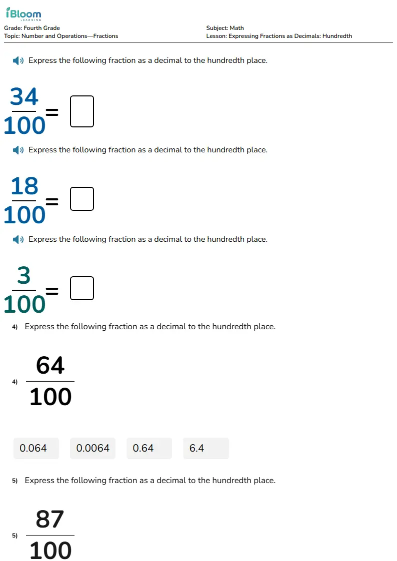 Free Expressing Fractions as Decimals: Hundredth Worksheets for Fourth Grade | iBloom