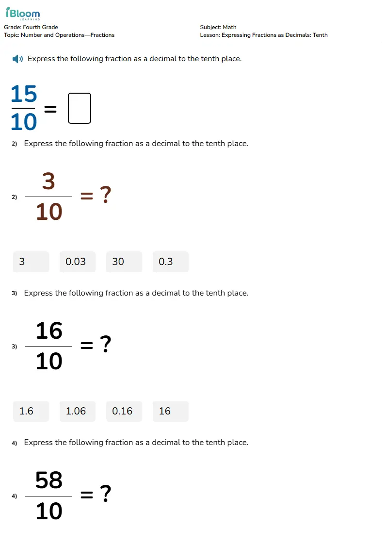Free Expressing Fractions as Decimals: Tenth Worksheets for Fourth Grade | iBloom