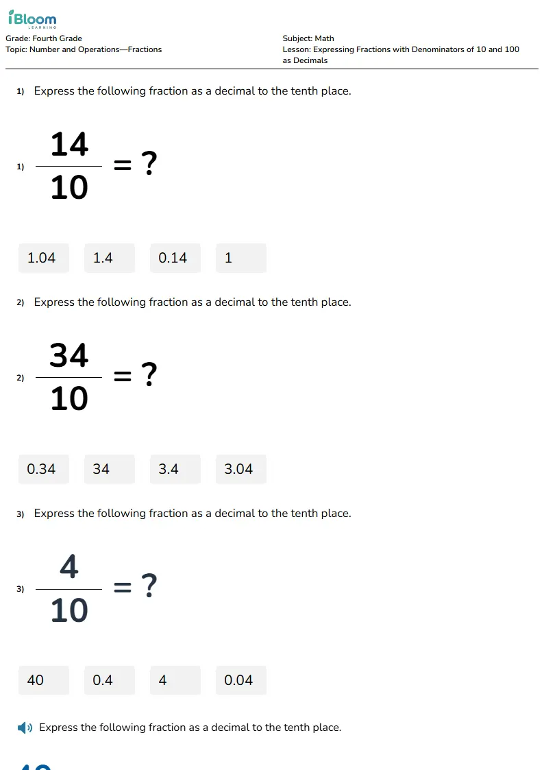 Free Expressing Fractions with Denominators of 10 and 100 as Decimals Worksheets for Fourth Grade | iBloom