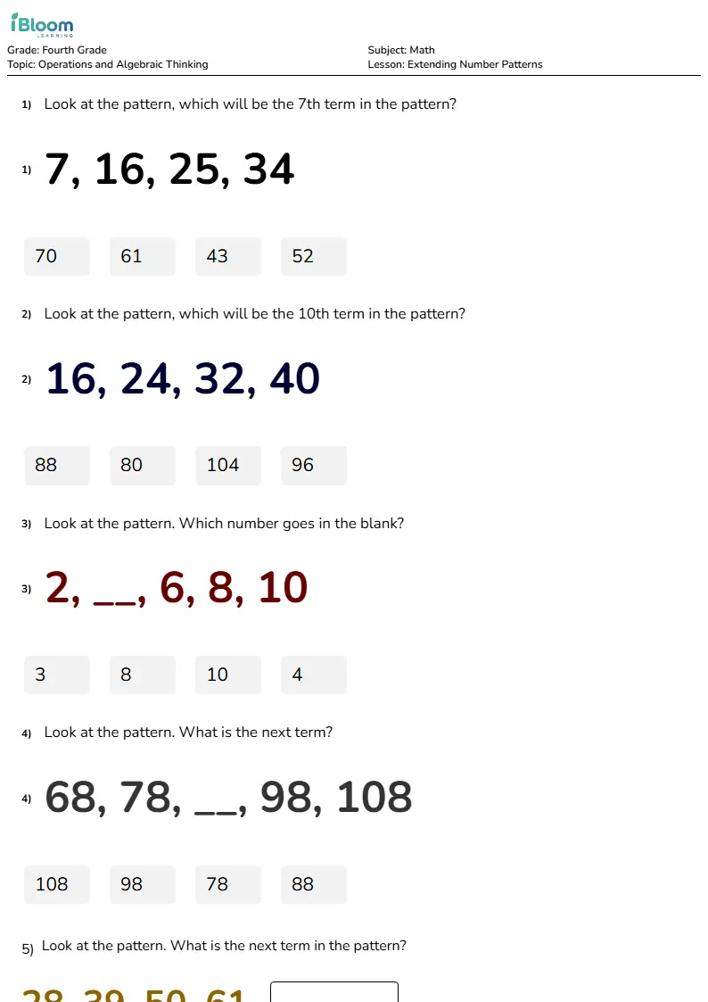 Free Extending Number Patterns Worksheets for Fourth Grade | iBloom