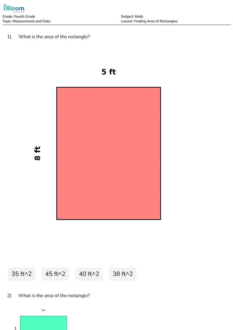 Free Finding Area of Rectangles Worksheets for Fourth Grade | iBloom
