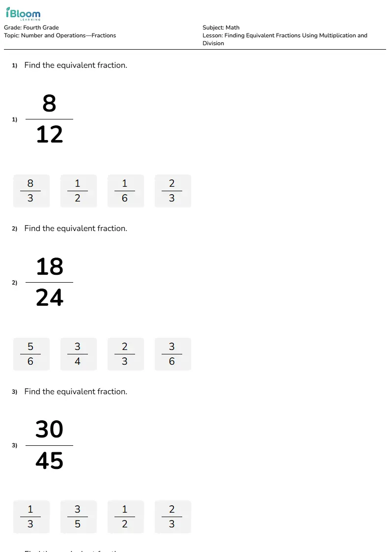 Free Finding Equivalent Fractions Using Multiplication and Division Worksheets for Fourth Grade | iBloom