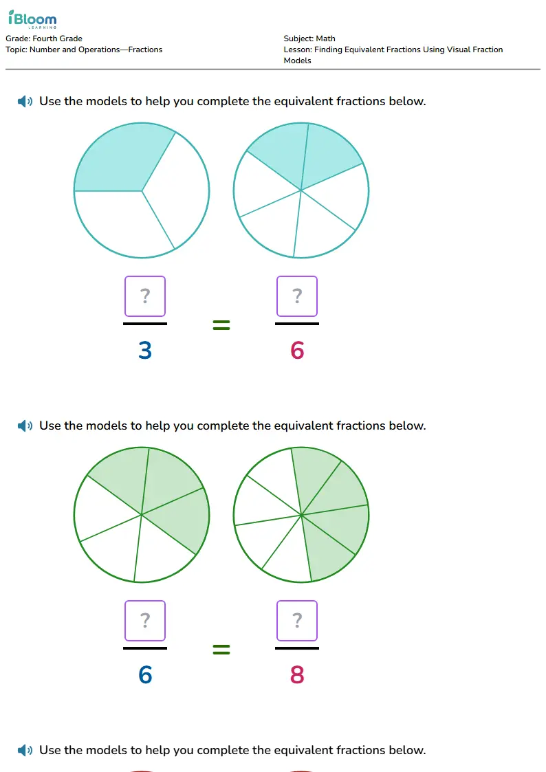 Free Finding Equivalent Fractions Using Visual Fraction Models Worksheets for Fourth Grade | iBloom