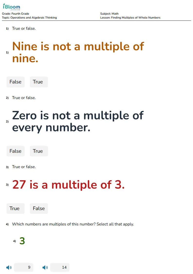 Free Finding Multiples of Whole Numbers Worksheets for Fourth Grade | iBloom