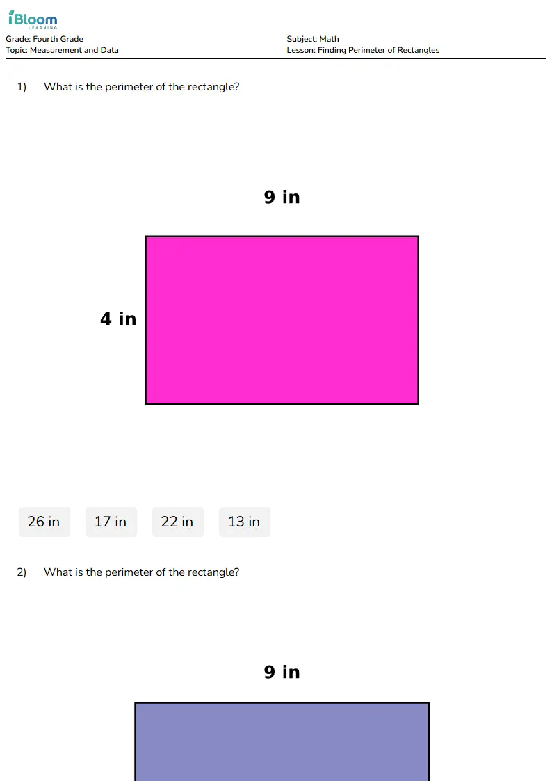 Free Finding Perimeter of Rectangles Worksheets for Fourth Grade | iBloom