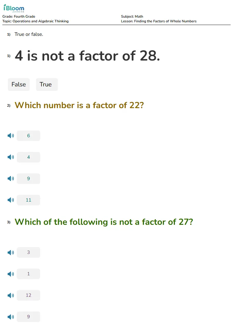Free Finding the Factors of Whole Numbers Worksheets for Fourth Grade | iBloom