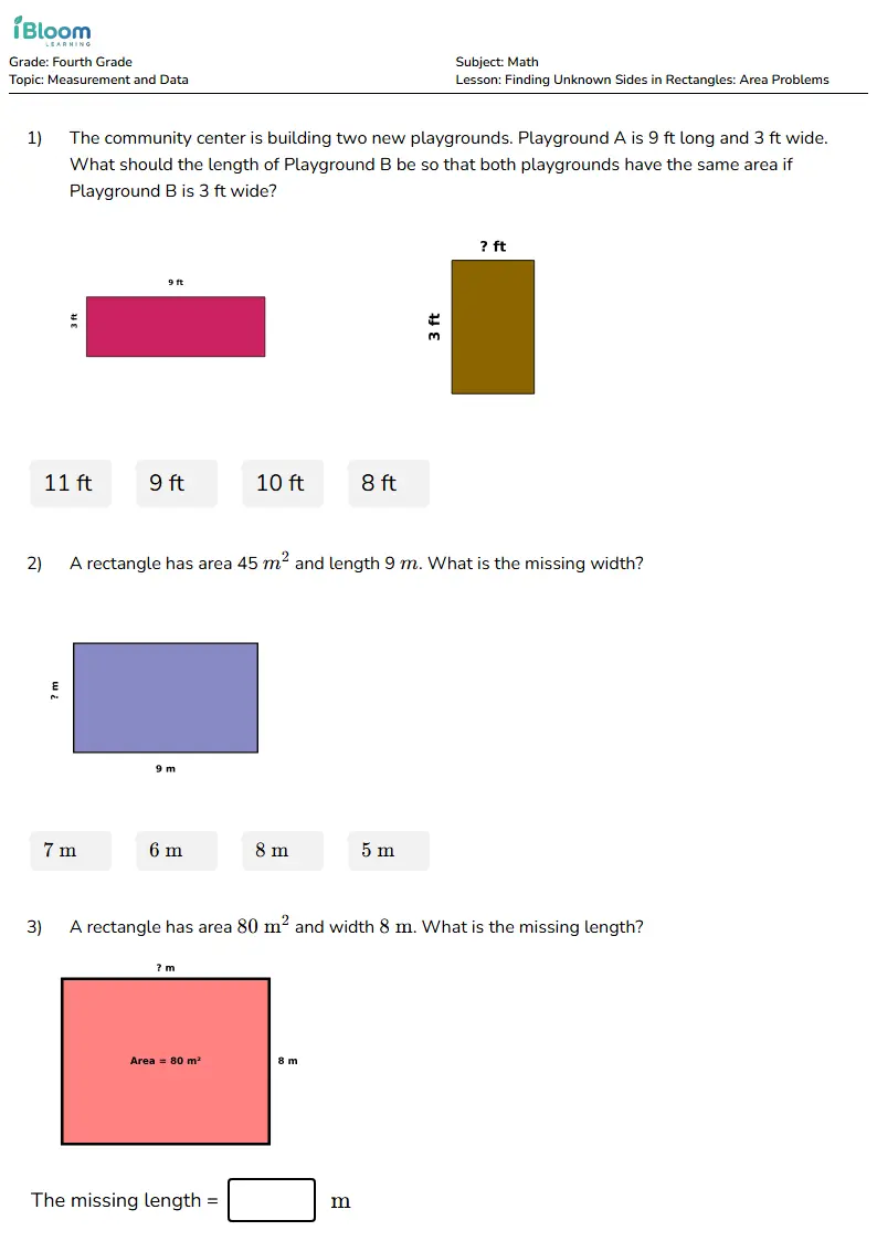 Free Finding Unknown Sides in Rectangles: Area Problems Worksheets for Fourth Grade | iBloom