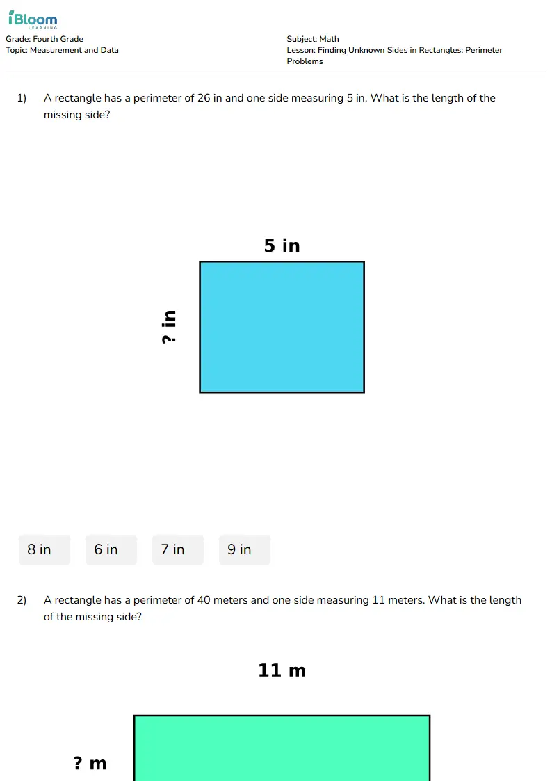 Free Finding Unknown Sides in Rectangles: Perimeter Problems Worksheets for Fourth Grade | iBloom