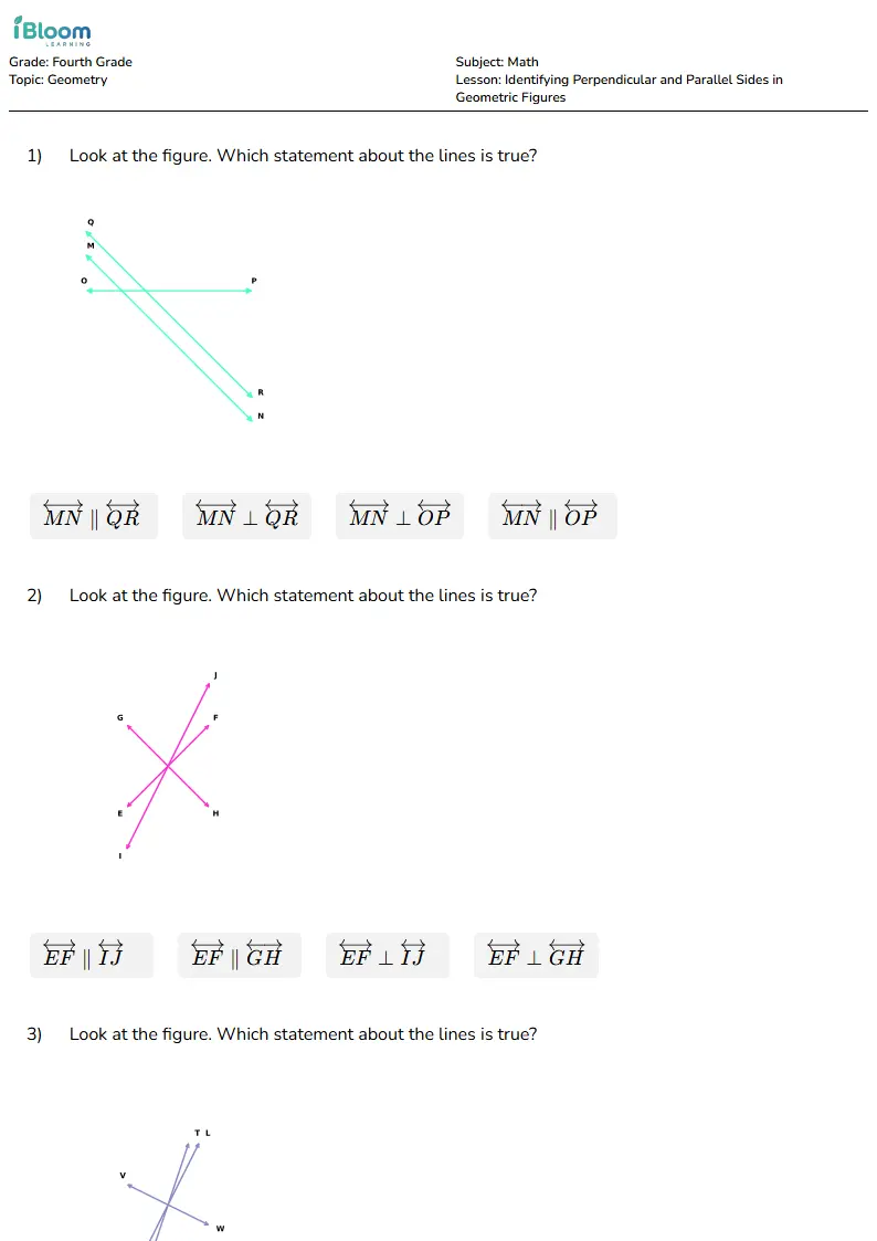 Free Identifying Perpendicular and Parallel Sides in Geometric Figures Worksheets for Fourth Grade | iBloom