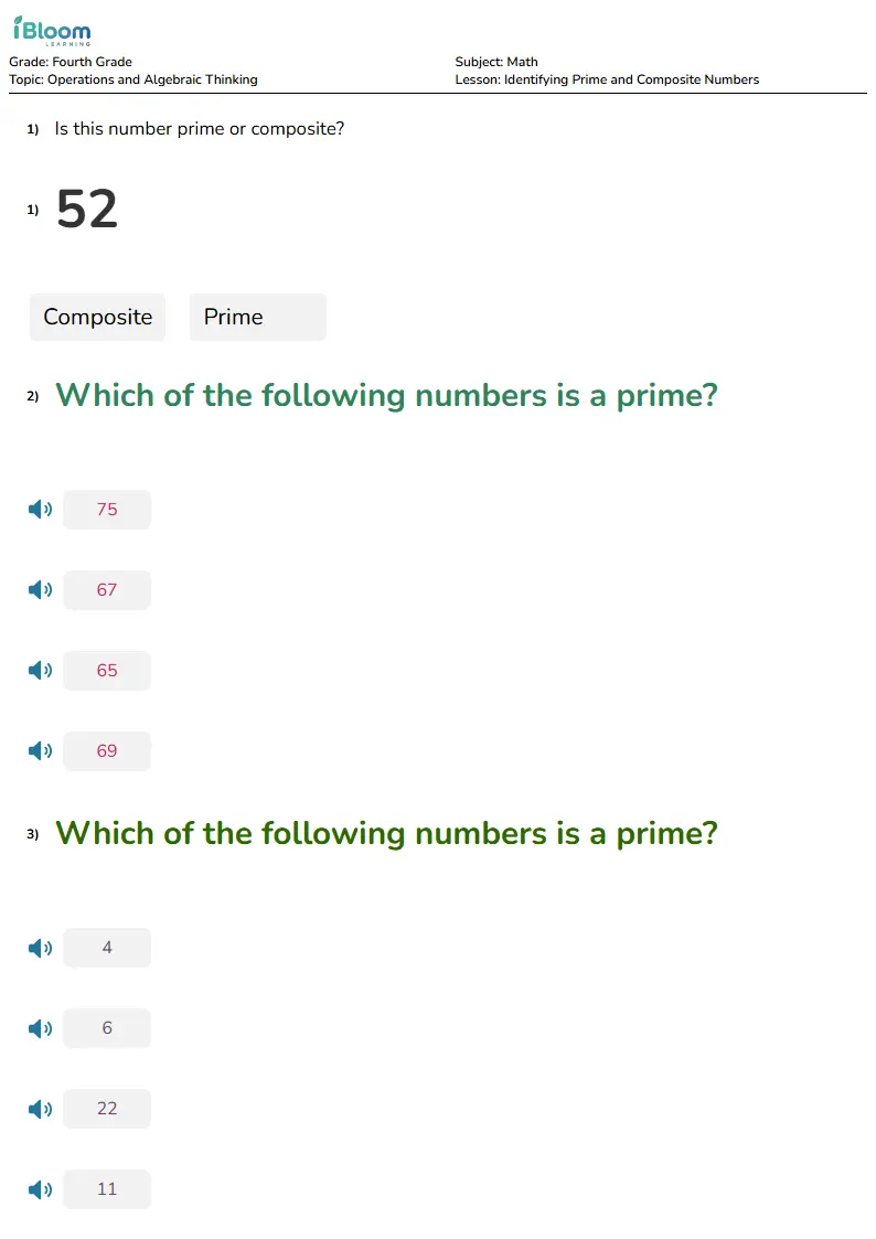 Free Identifying Prime and Composite Numbers Worksheets for Fourth Grade | iBloom