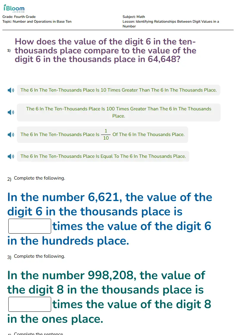 Free Identifying Relationships Between Digit Values in a Number Worksheets for Fourth Grade | iBloom