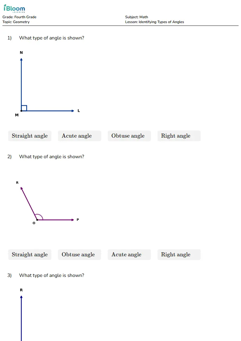 Preview image for Identifying Types of Angles Worksheets for Fourth Grade