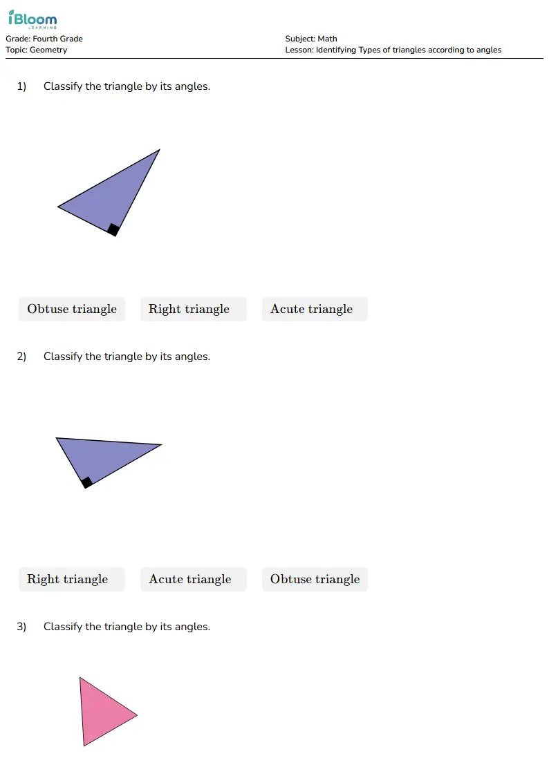 Free Identifying Types of triangles according to angles Worksheets for Fourth Grade | iBloom