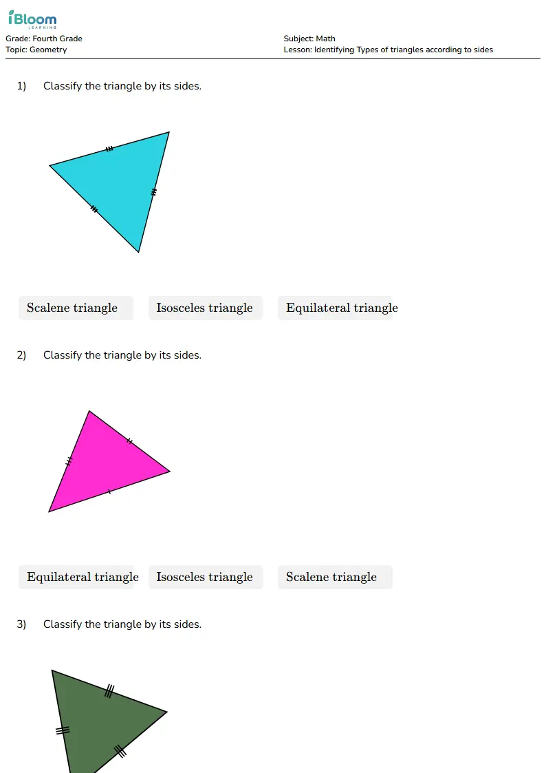 Free Identifying Types of triangles according to sides Worksheets for Fourth Grade | iBloom