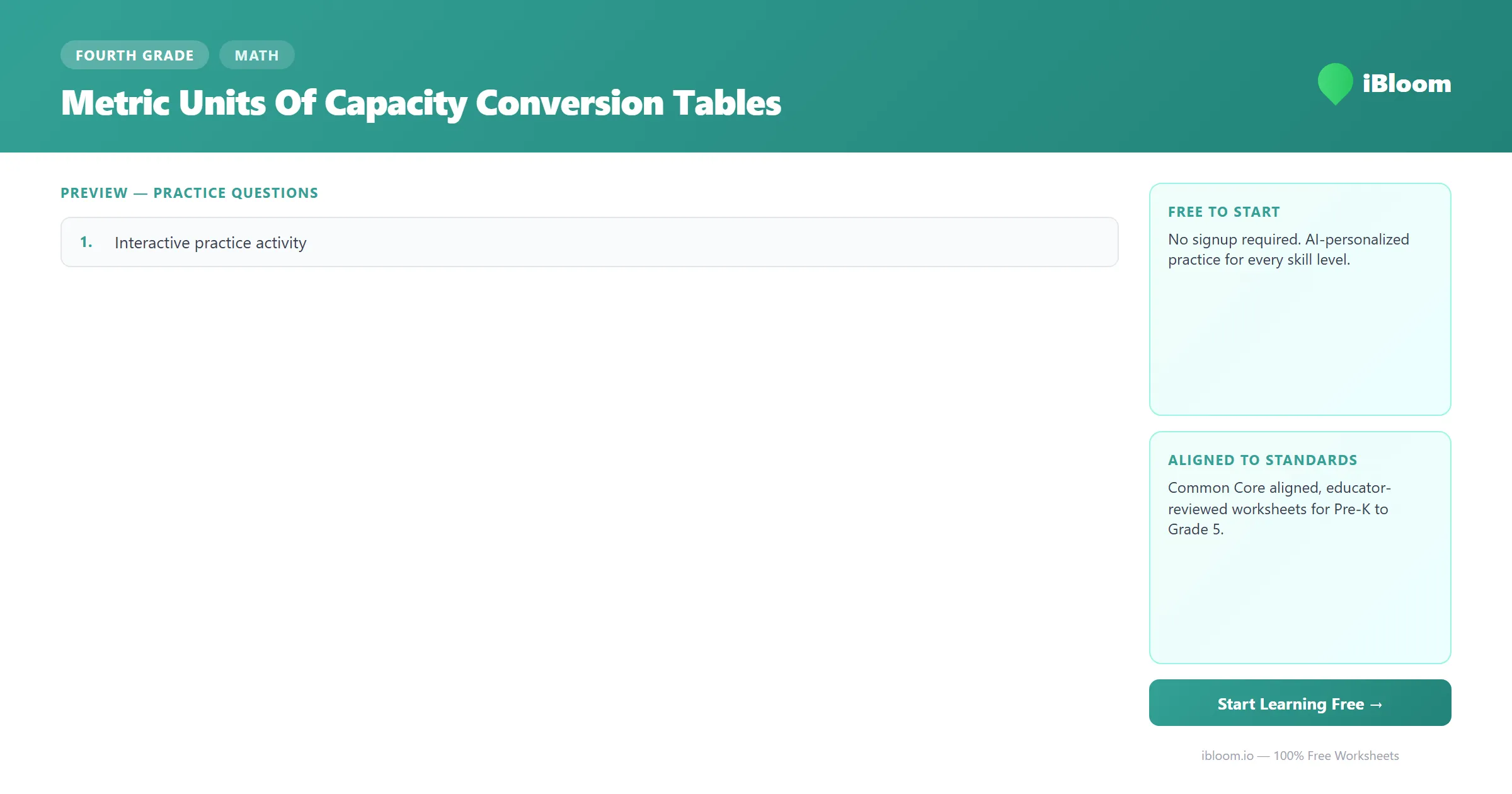 Free Metric Units of Capacity Conversion Tables Worksheets for Fourth Grade | iBloom