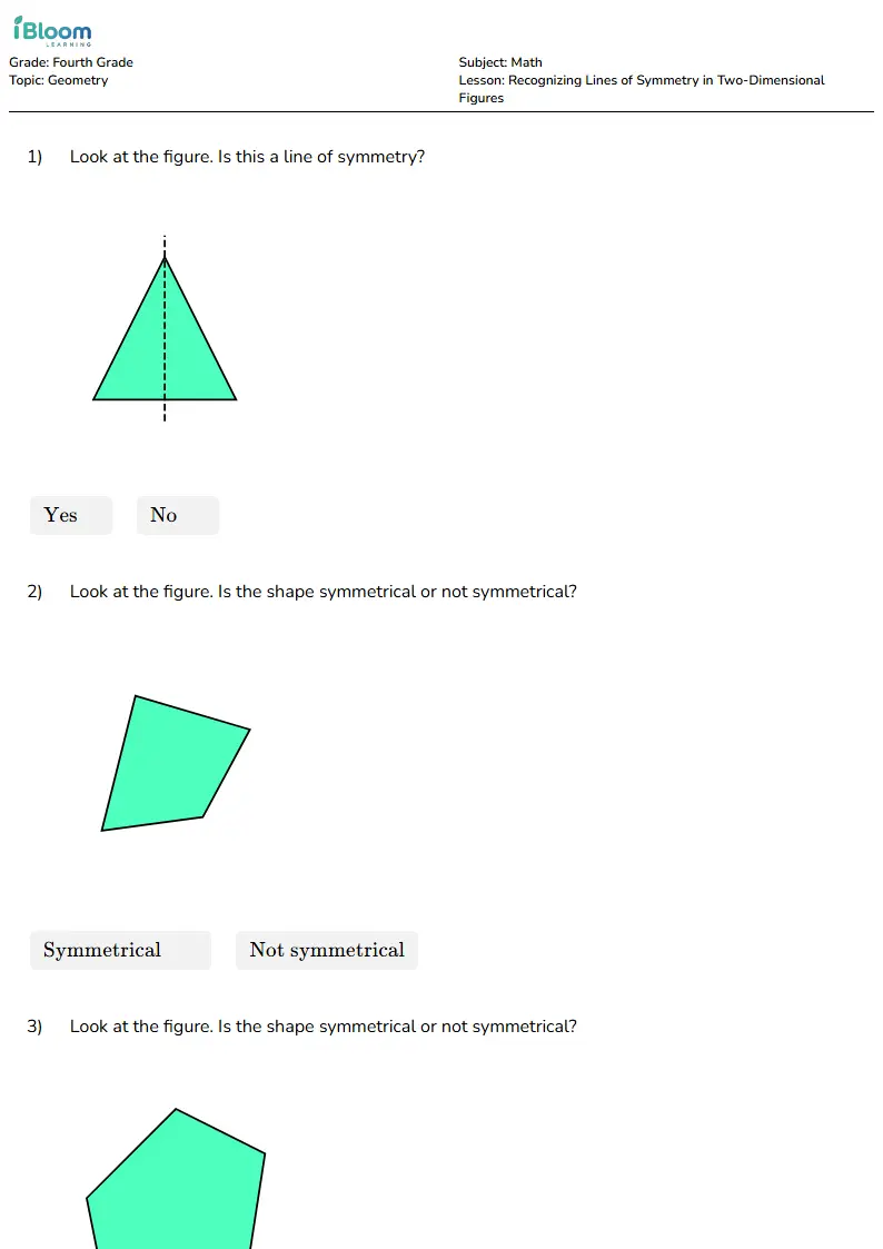 Free Recognizing Lines of Symmetry in Two-Dimensional Figures Worksheets for Fourth Grade | iBloom