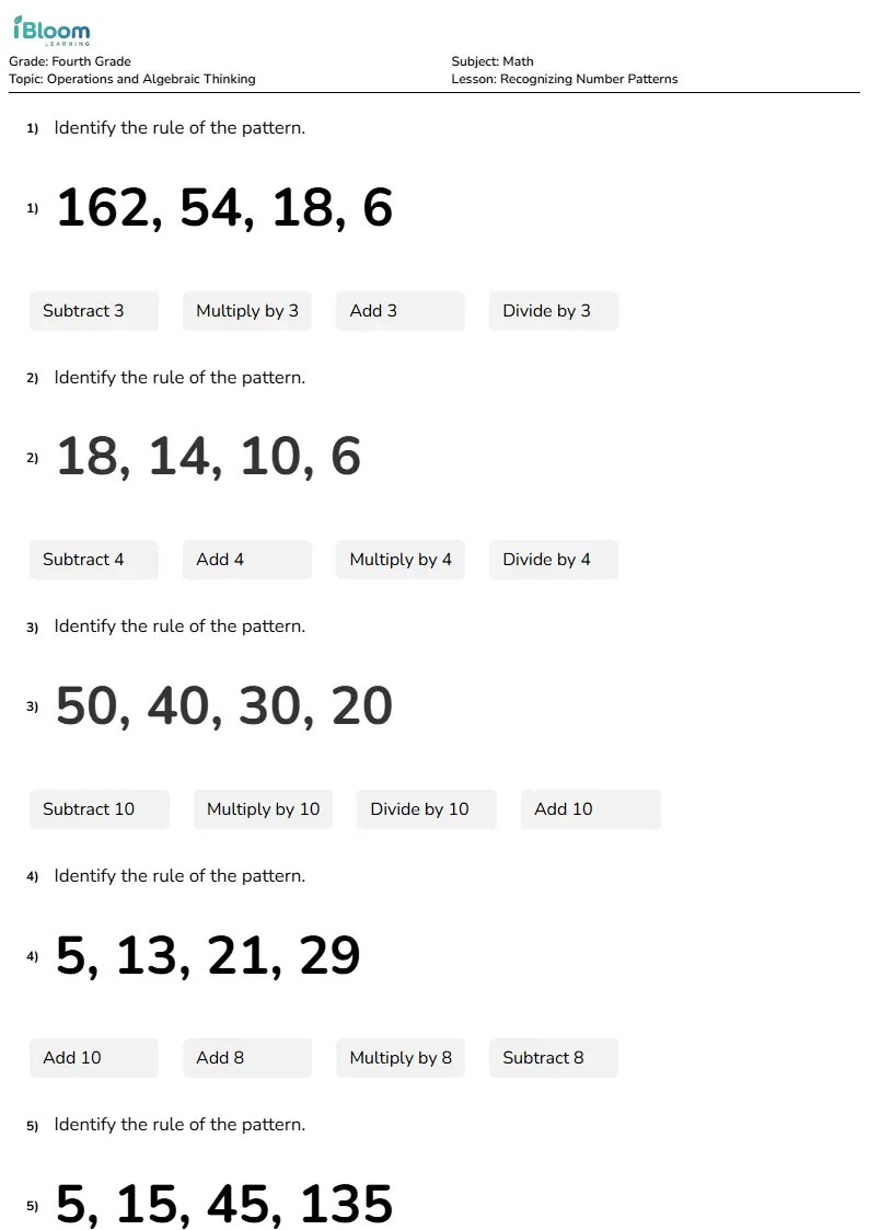 Free Recognizing Number Patterns Worksheets for Fourth Grade | iBloom