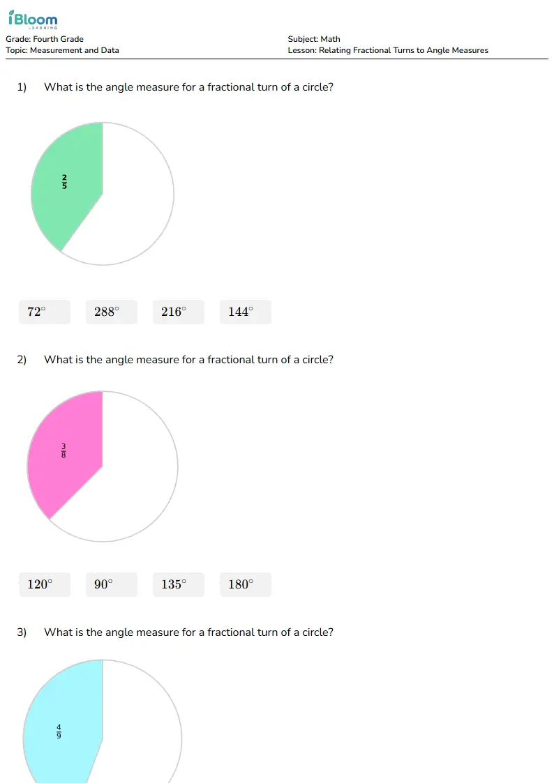 Free Relating Fractional Turns to Angle Measures Worksheets for Fourth Grade | iBloom