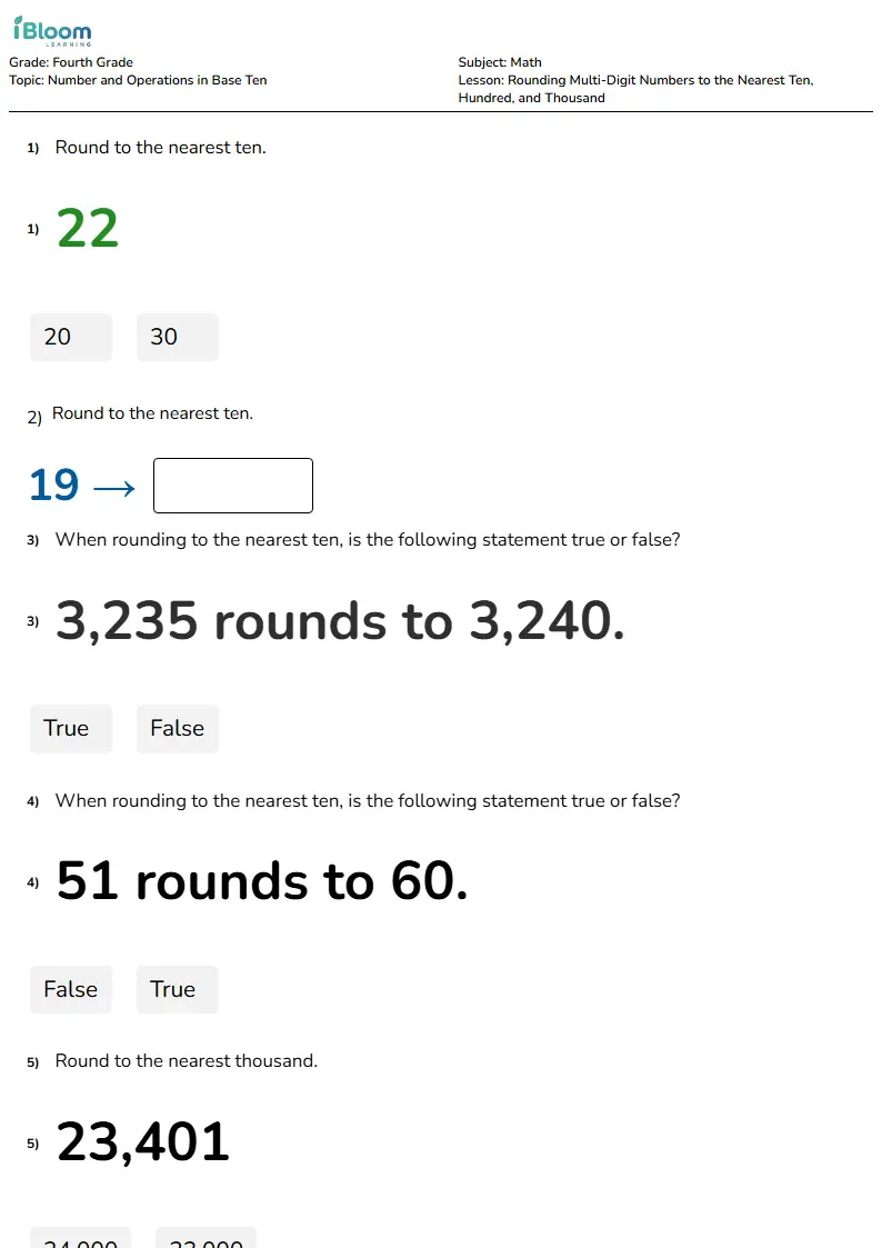Free Rounding Multi-Digit Numbers to the Nearest Ten, Hundred, and Thousand Worksheets for Fourth Grade | iBloom