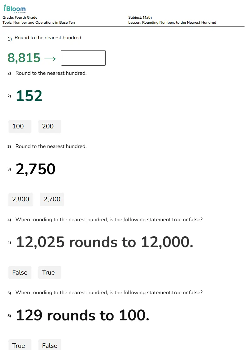 Free Rounding Numbers to the Nearest Hundred Worksheets for Fourth Grade | iBloom