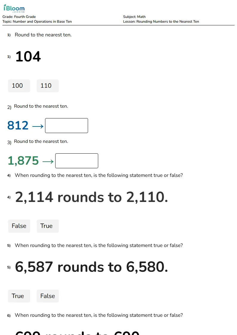 Free Rounding Numbers to the Nearest Ten Worksheets for Fourth Grade | iBloom