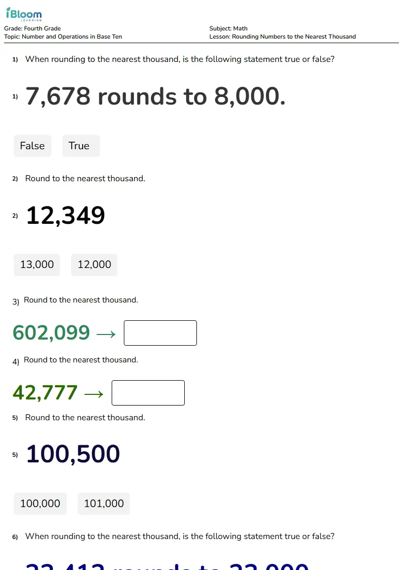 Free Rounding Numbers to the Nearest Thousand Worksheets for Fourth Grade | iBloom