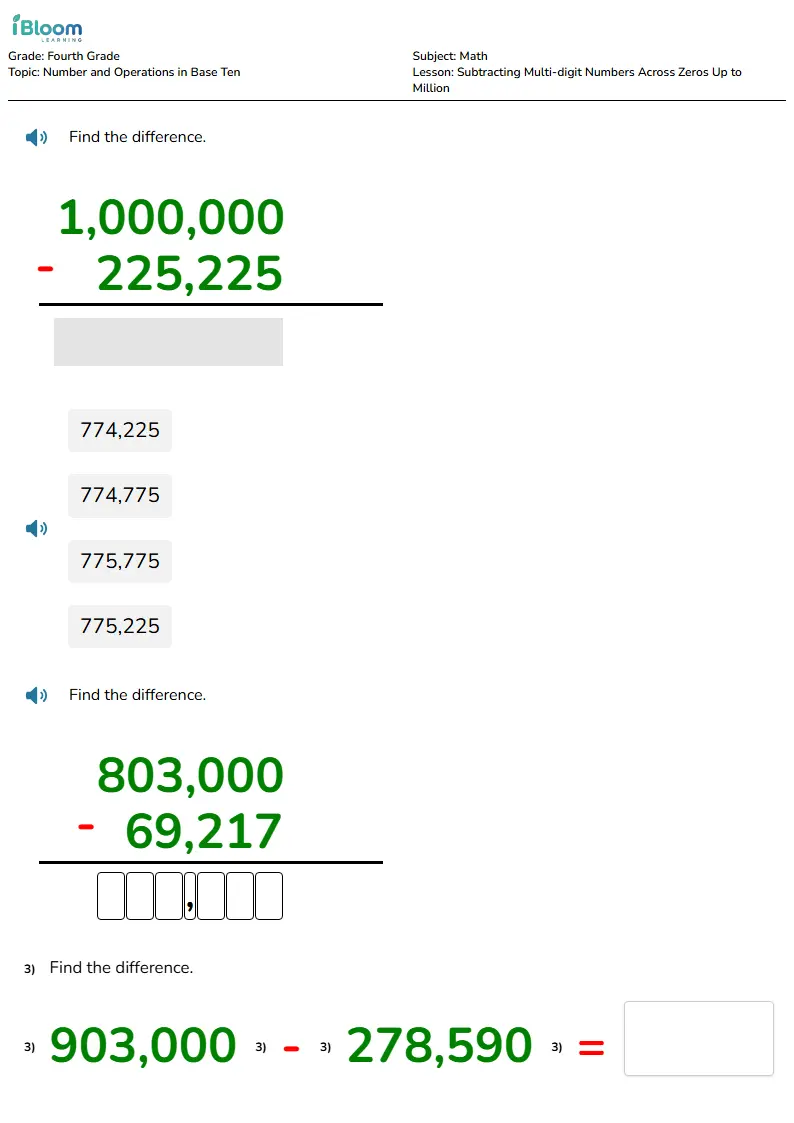 Preview image for Subtracting Multi-digit Numbers Across Zeros Up to Million Worksheets for Fourth Grade