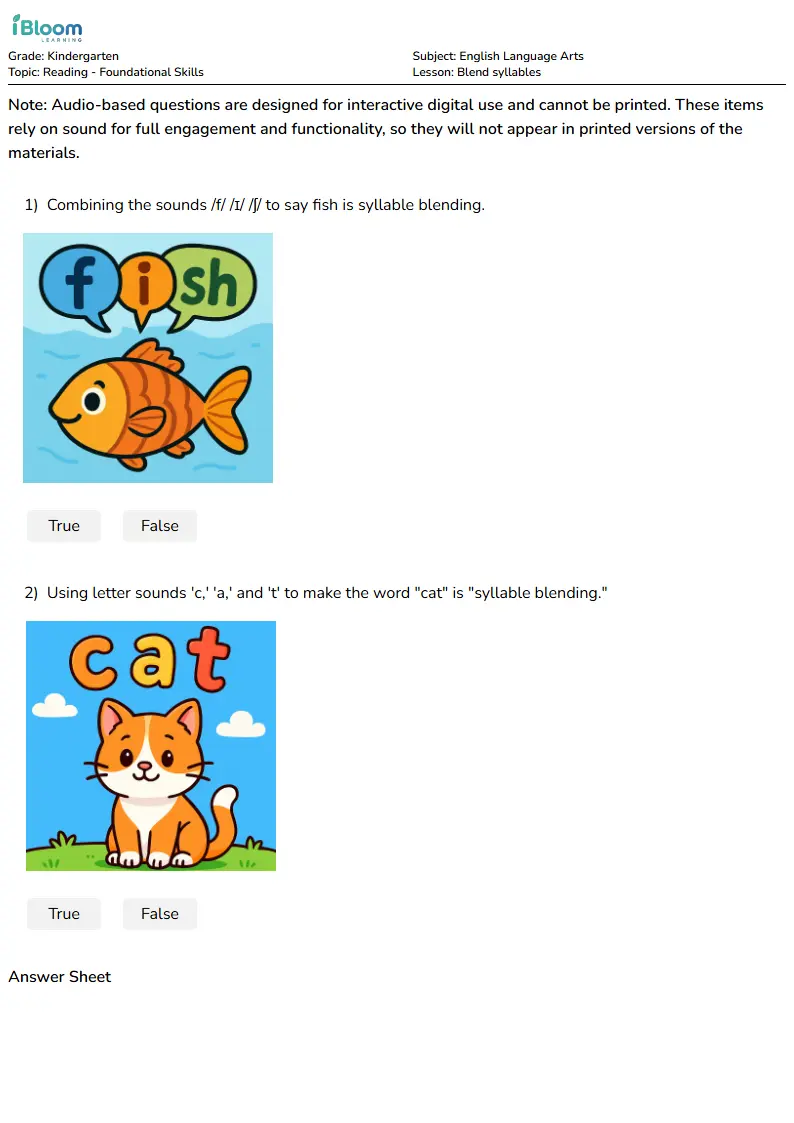 Free Blend syllables Worksheets for Kindergarten